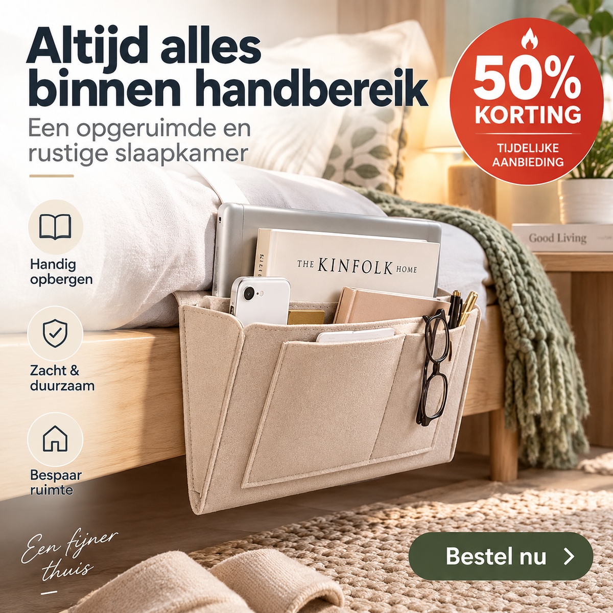 🛏️ Vilten bedorganizer voor boeken en kleine spullen